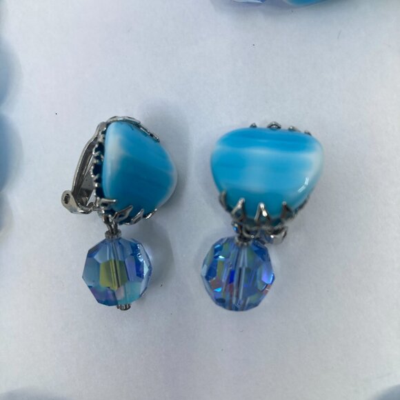 Vtg ALICE CAVINESS ? blue moulded glass  pie crust setting earrings necklace - Picture 3 of 5